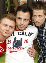 2 smooth blond twinks service a dark haired stud